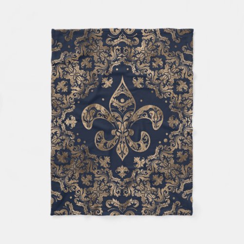 Luxury Fleur_de_lis Ornament _ gold and dark blue Fleece Blanket