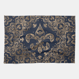 Luxury Fleur-de-lis Ornament - gold and dark blue Kitchen Towel
