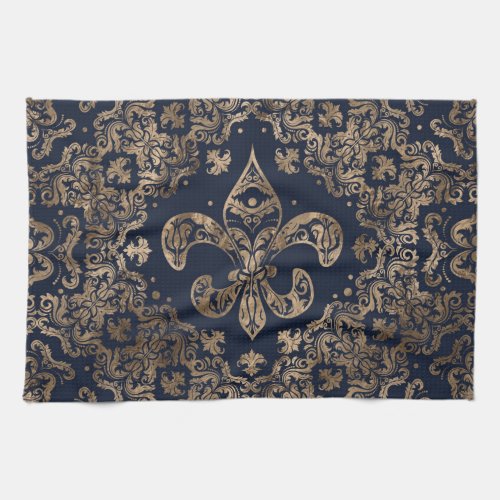 Luxury Fleur_de_lis Ornament _ gold and dark blue Kitchen Towel