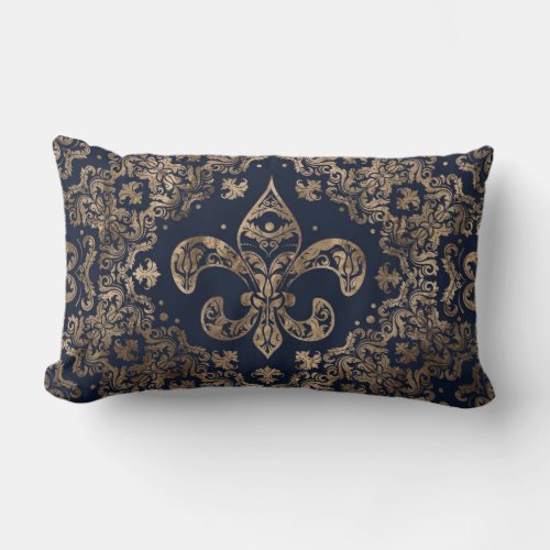 Luxury Fleur_de_lis Ornament _ gold and dark blue Lumbar Pillow
