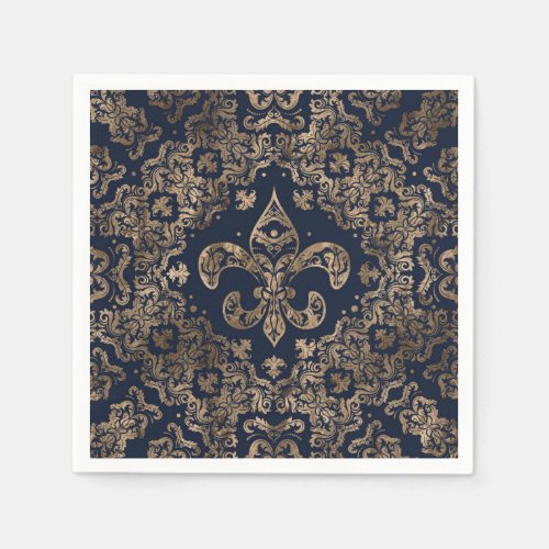 Luxury Fleur_de_lis Ornament _ gold and dark blue Napkins