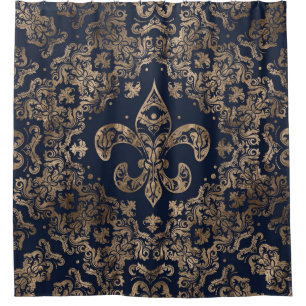 Luxury Fleur-de-lis Ornament - gold and dark blue Shower Curtain