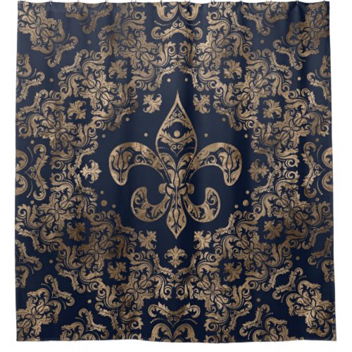 Luxury Fleur_de_lis Ornament _ gold and dark blue Shower Curtain
