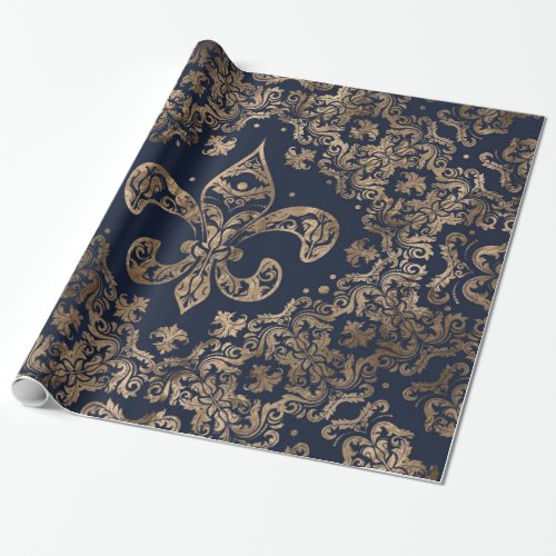 Luxury Fleur_de_lis Ornament _ gold and dark blue Wrapping Paper