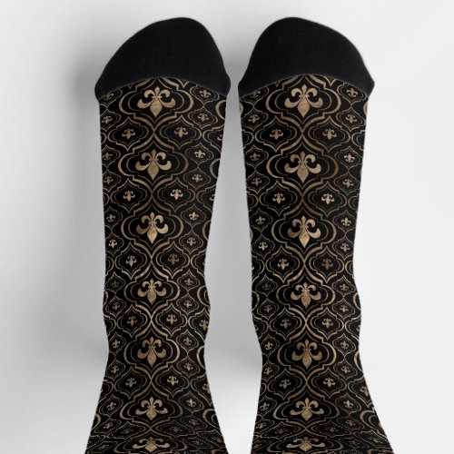 Luxury Fleur_de_lis pattern black and gold Socks