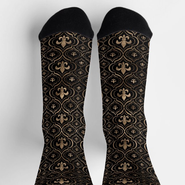Luxury Fleur-de-lis pattern black and gold Socks (Top)