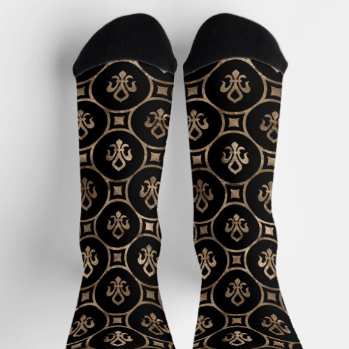 Luxury Fleur_de_lis pattern black and gold Socks