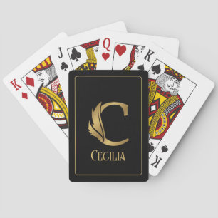Luxury flora letter C in gold on black Poker Cards