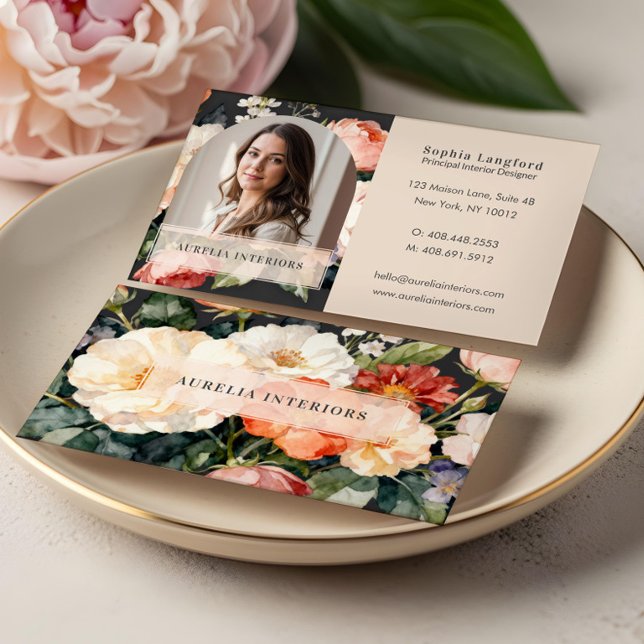 Luxury Floral Arch Photo Stylish Interior Designer Business Card (Luxury Floral Arch Photo Stylish Interior Designer Business Card)
