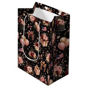 Luxury Floral Birthday Pattern Black Medium Gift Bag