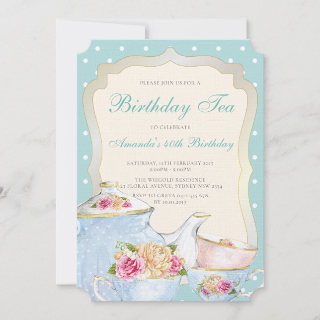 Luxury Floral Birthday Tea Party Polka dot Invitation (Front)