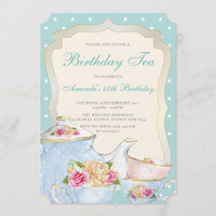 Luxury Floral Birthday Tea Party Polka dot Invitation