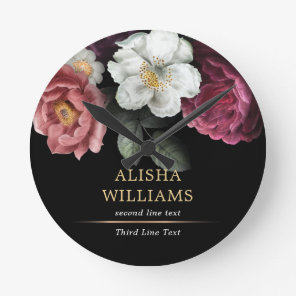 Luxury Floral Black Gold Personalized Elegant Round Clock