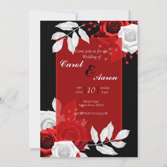 luxury floral black, white and red  wedding invitation (Front)