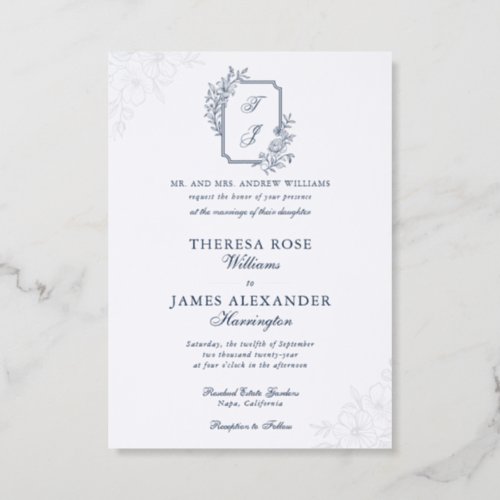 Luxury Floral Botanical Wedding Monogram Crest Letterpress Invitation