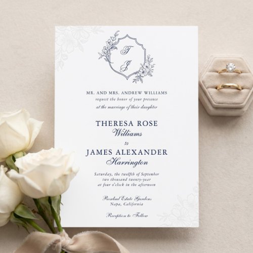Luxury Floral Botanical Wedding Monogram Crest Letterpress Invitation