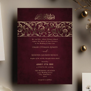 Luxury Floral Burgundy & Gold Islamic Wedding Foil Invitation