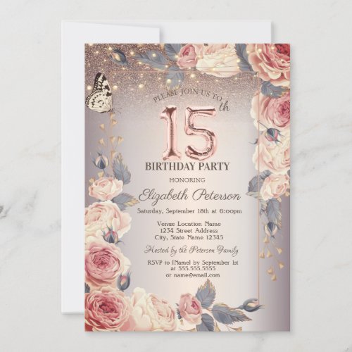 Luxury FloralButterflyLights 15th Birthday  Invitation