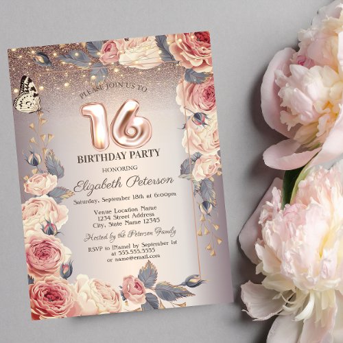 Luxury FloralButterflyLights 16th Birthday   Invitation