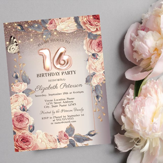 Luxury Floral,Butterfly,Lights 16th Birthday   Invitation (Creator Uploaded)