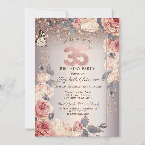 Luxury FloralButterflyLights 35th Birthday  Invitation