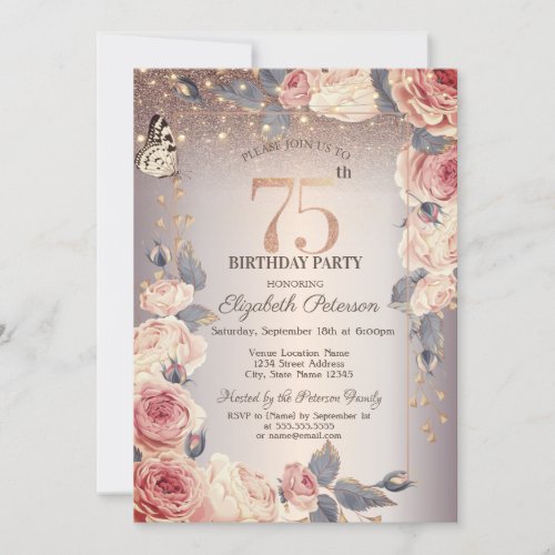 Luxury FloralButterflyLights 75th Birthday   Invitation