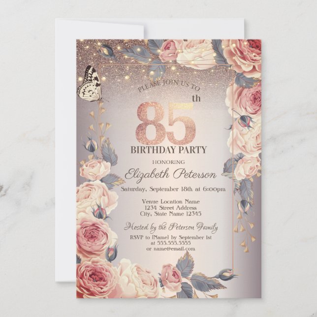 Luxury Floral,Butterfly,Lights 85th Birthday   Invitation (Front)