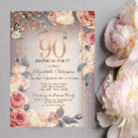 Luxury Floral,Butterfly,Lights 90th Birthday   Invitation<br><div class="desc">A modern,  chic and glamorous invitation with elegant string lights,  and flowers.</div>