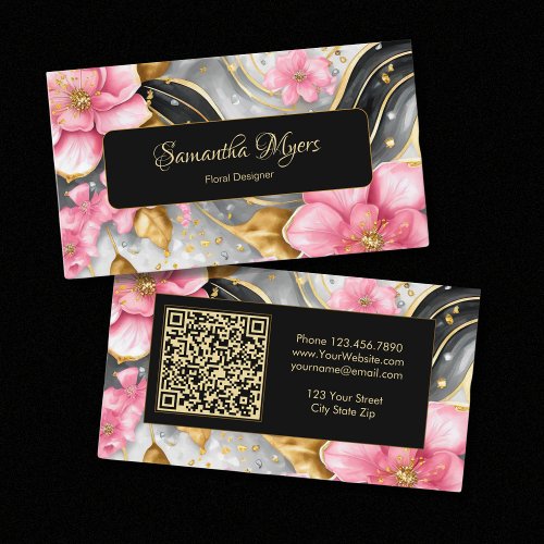 Luxury Floral Gold Alcohol Ink QR Code Scannable Business Card