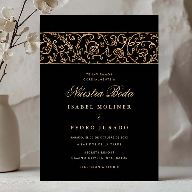 Luxury Floral Gold & Black Nuestra Boda Wedding Invitation (Creator Uploaded)