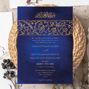 Luxury Floral Gold Blue Islamic Muslim Wedding Invitation