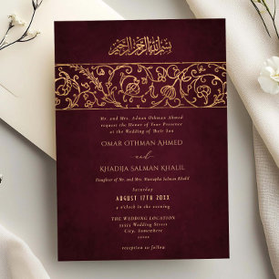 Luxury Floral Gold Burgundy Islamic Muslim Wedding Invitation