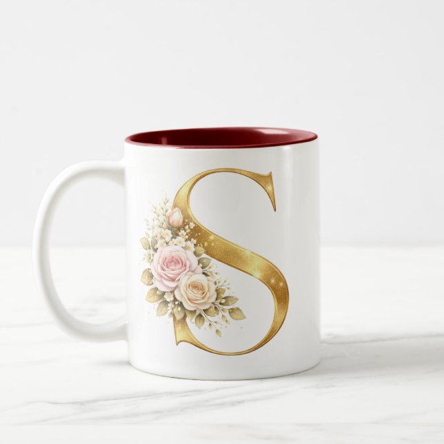 Luxury Floral Gold Letter S Monogram Logo Two-Tone Coffee Mug (Left)