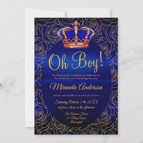 Luxury Floral Gold Royal Blue Baby Shower Invitation