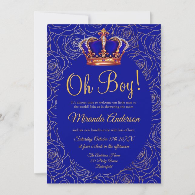 Luxury Floral Gold Royal Blue Baby Shower Invitation (Front)