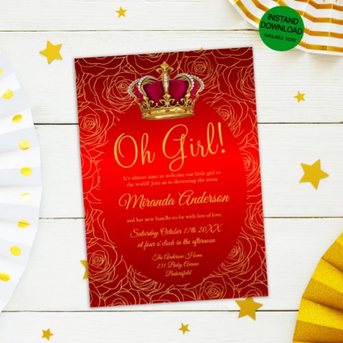 Luxury Floral Gold Royal Red Baby Shower Invitation