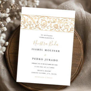 Luxury Floral Gold & White Nuestra Boda Wedding Invitation