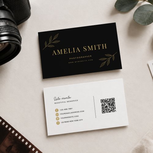 Luxury Floral Leaf Black Gold Qr Code Business Card