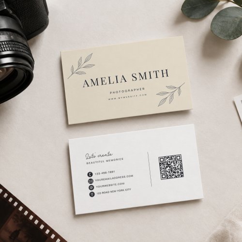 Luxury Floral Leaf Cream Charcoal Qr Code Business Card