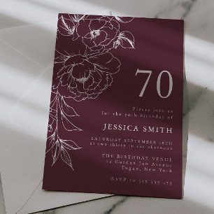 Luxury Floral Line Art 70th Birthday Silver Foil Invitation