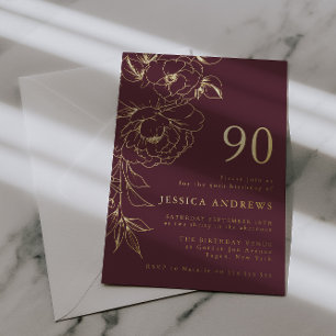 Luxury Floral Line Art 90th Birthday Gold Foil Invitation