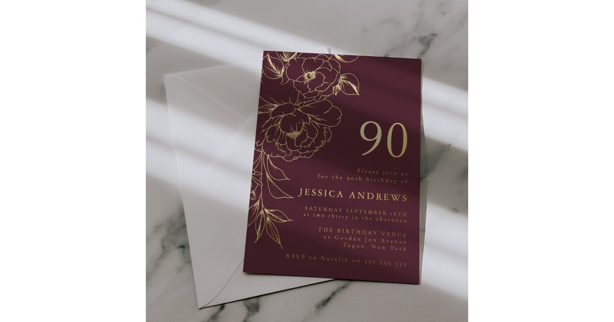 Luxury Floral Line Art 90th Birthday Gold Foil Invitation | Zazzle