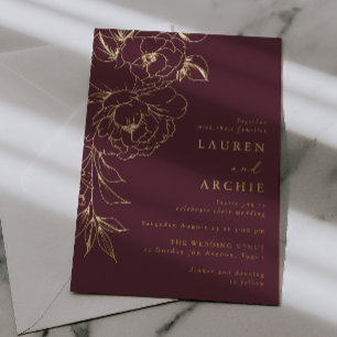 Luxury Floral Line Art Wedding Golden Foil Invitation