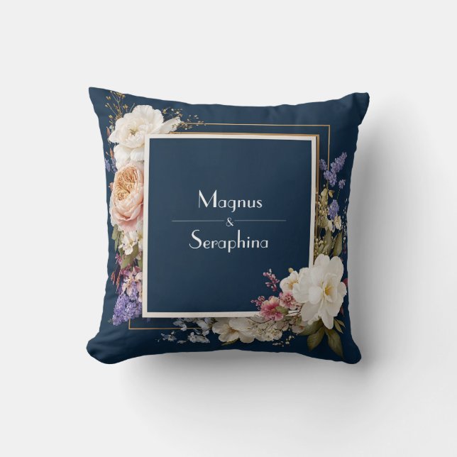 Luxury Floral Navy Blue Gold Geometric Frame Throw Pillow (Front)