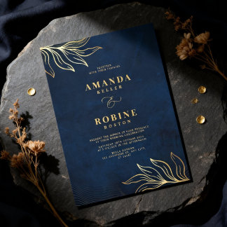 Luxury Floral Navy Blue & Gold Wedding Invitation