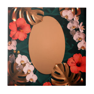 Luxury Floral Tropical Botanical Red Hibiscus Ceramic Tile