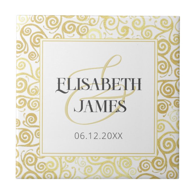 Luxury Flourish Chic Winter White And Gold Wedding Ceramic Tile (Front)