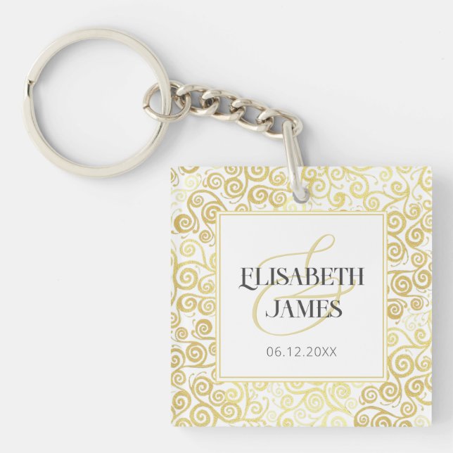 Luxury Flourish Chic Winter White And Gold Wedding Keychain (Front)