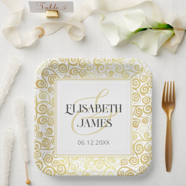 Luxury Flourish Chic Winter White And Gold Wedding Paper Plates (Wedding)