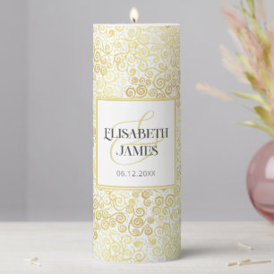 Luxury Flourish Chic Winter White And Gold Wedding Pillar Candle